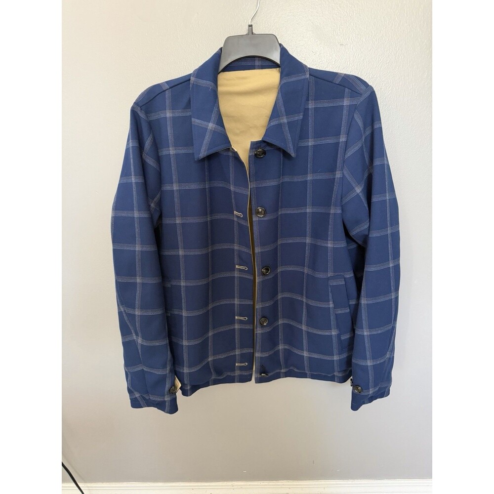 Scotch & Soda Reversible Jacket Mens Lg Navy Blue Plaid Organic Cotton Coat EUC